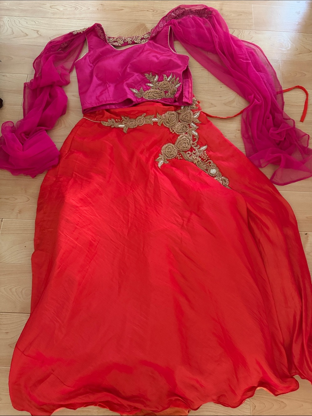 Elegant Two-Tone Red and Fuchsia Lengha with Gold Embroidery